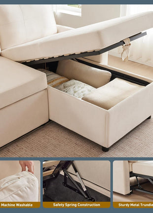 85-Inch L-Shaped Sectional Sofa with Pull-Out Sleeper, Modular Chenille Deep Seat Design, Reversible Chaise, Storage Solutions, Side Pockets, and Dual USB/Type-C Charging Ports in Beige