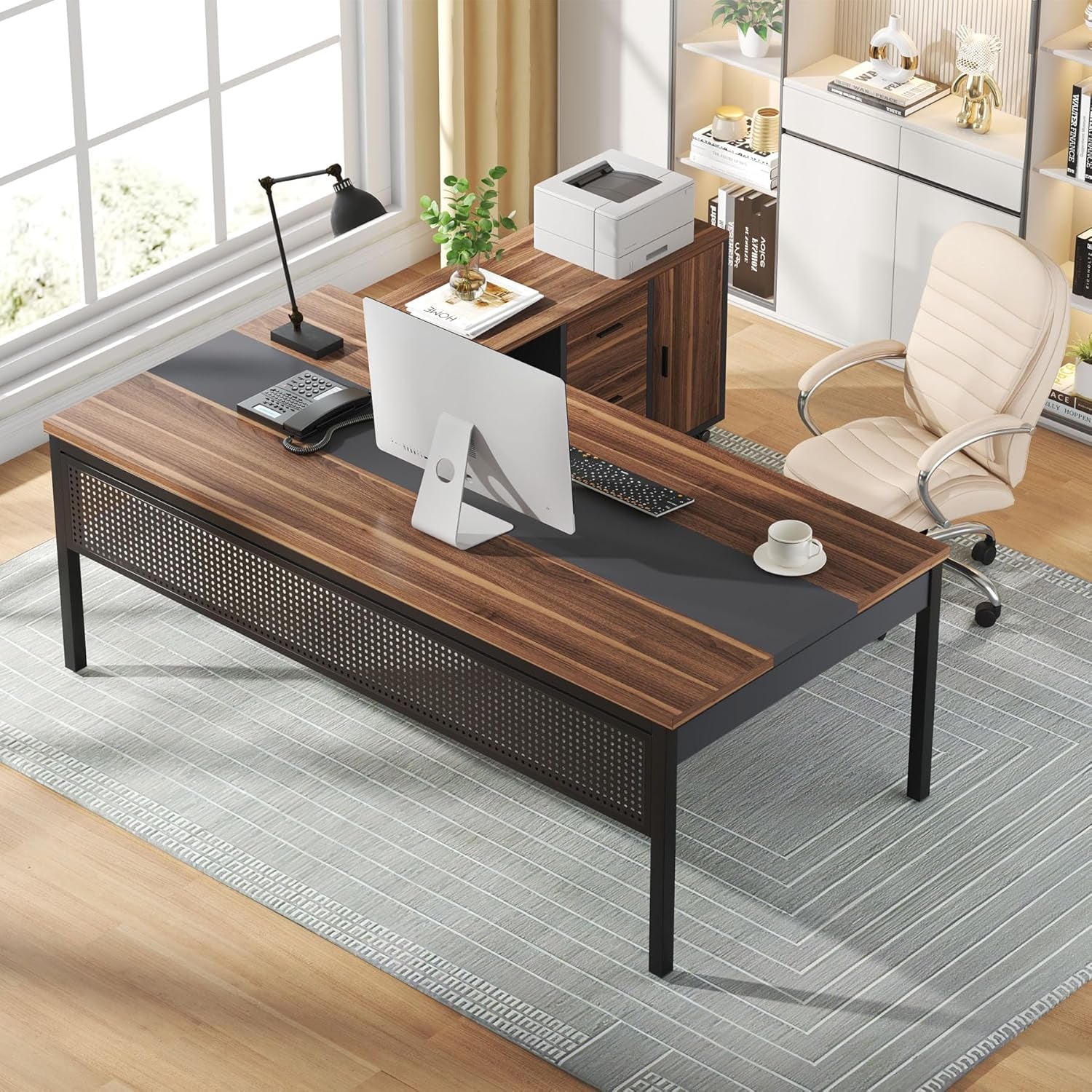 71 Inch Executive Desk, L Shaped Desk with Mobile File Cabinet, Executive Office Table with 2 Drawers and Storage Shelves, Business Furniture Workstation for Home Office, Walnut and Black