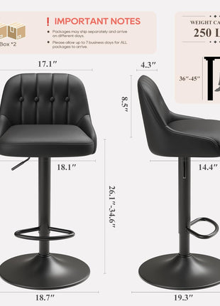 Set of 3 Contemporary Adjustable Swivel Bar Stools with Tufted Backrest, PU Leather Upholstery, Counter Height for Bar, Kitchen Island, and Dining Room, Black
