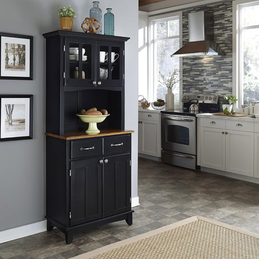 Home Styles Buffet of Buffets Black with Cottage Oak Wood Top Hutch, Two Wood Door Panels, Two Drawers with Brushed Steel Pulls, Two Plexiglas Framed Doors, and Adjustable Shelves