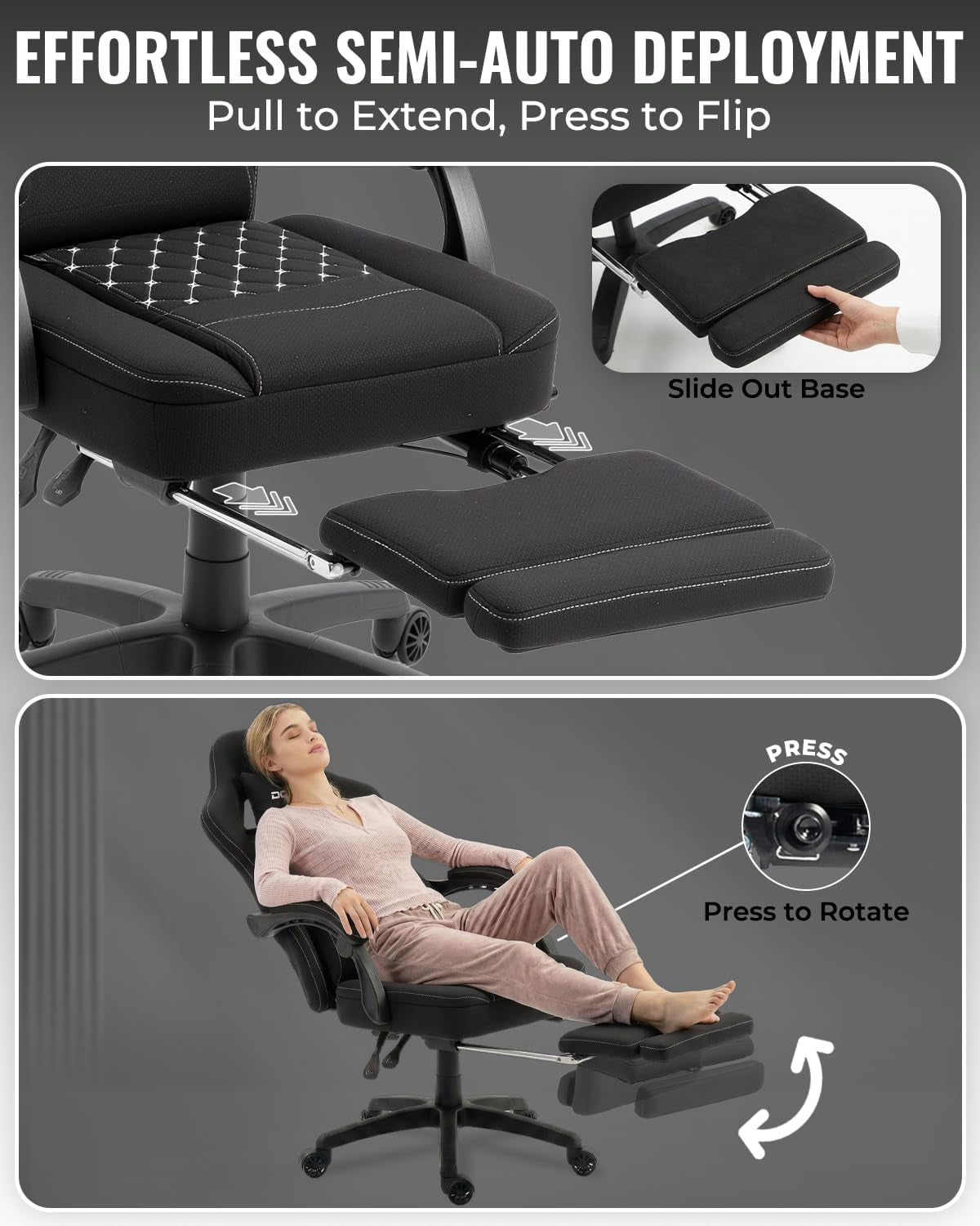 Gaming Chair with Footrest, Breathable Fabric Ergonomic Gamer Chair for Home Office, Extendable Long Leg Rest for Napping, Soft Seat with Lumbar Support, Gel Pad and Storage Bag, Black