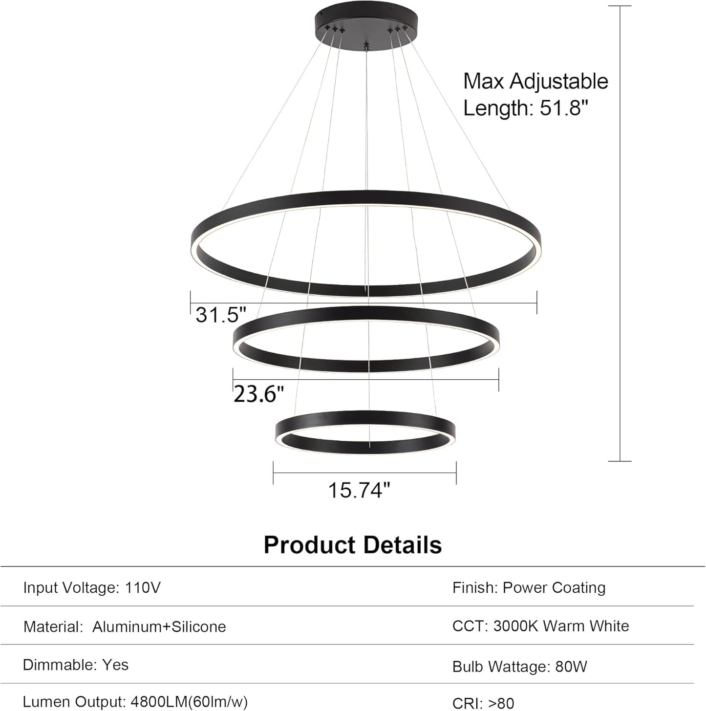 Elegant 3-Rings Black Modern LED Chandelier – Fully Dimmable High Ceiling Pendant Light for Dining Room, Living Room, Foyer & Staircase (Warm White 3000K, Adjustable Size 15.7"-31.4")