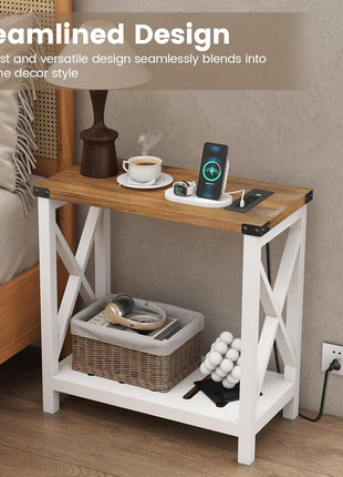 Set of 2 Farmhouse End Tables with Charging Station, Slim Nightstand for Compact Spaces, Storage Shelf, White and Brown Finish