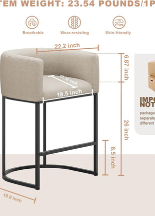 Set of 4 Contemporary 26" Counter Height Bar Stools with Backrest and Armrests, Upholstered in Linen Fabric for Kitchen Island, Supports Up to 450 lbs (Beige)