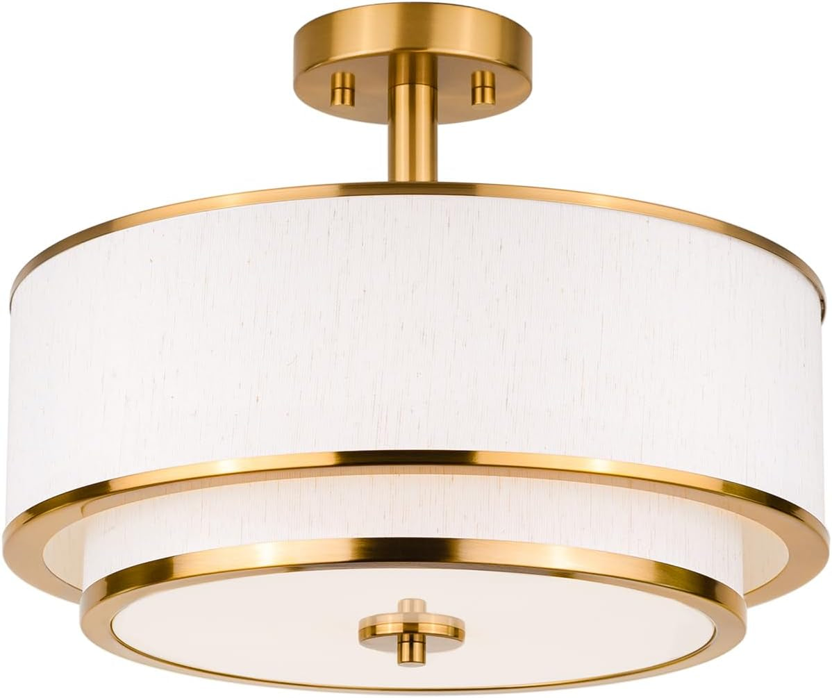 3-Light Semi Flush Mount Ceiling Light, 16" Drum Light with White Fabric Shade, Modern Close to Ceiling Lamp for Living Room Bedroom Dining Kitchen Hallway Entry (Brushed Gold)
