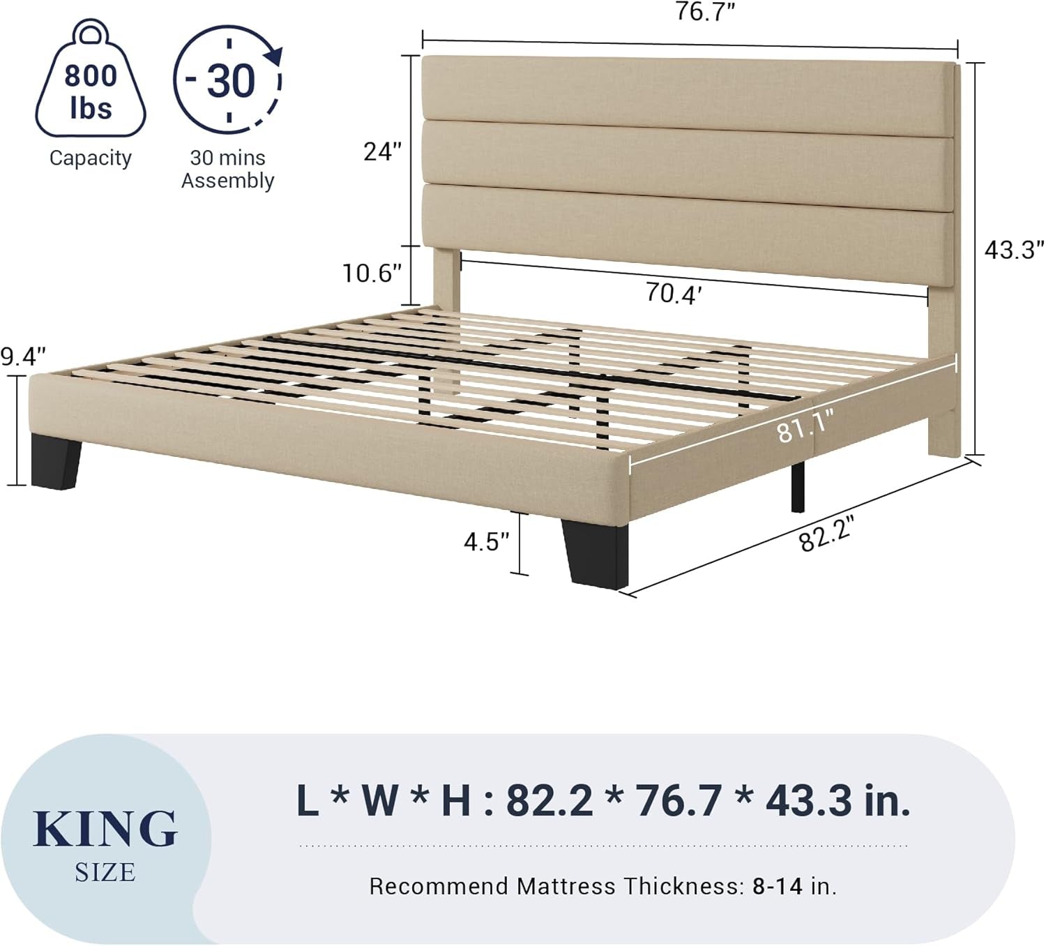 King Size Platform Bed Frame with Fabric Upholstered Headboard and Wooden Slats Support, Fully Upholstered Mattress Foundation/No Box Spring Needed/Easy Assembly, Beige
