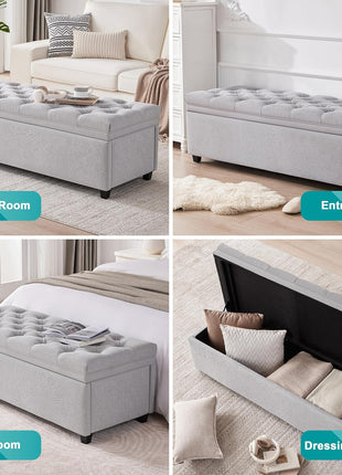 50-Inch Modern Tufted Storage Ottoman Bench in Light Gray for Living Room and Bedroom