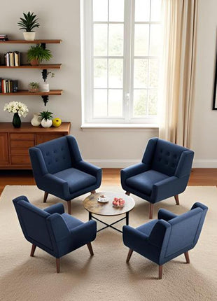 Set of 2 Accent Chairs, Upholstered Button-Tufted Linen Mid-Century Modern Armchairs, Comfortable Fabric Armchairs for Living Room, Bedroom, and Waiting Areas in Dark Blue