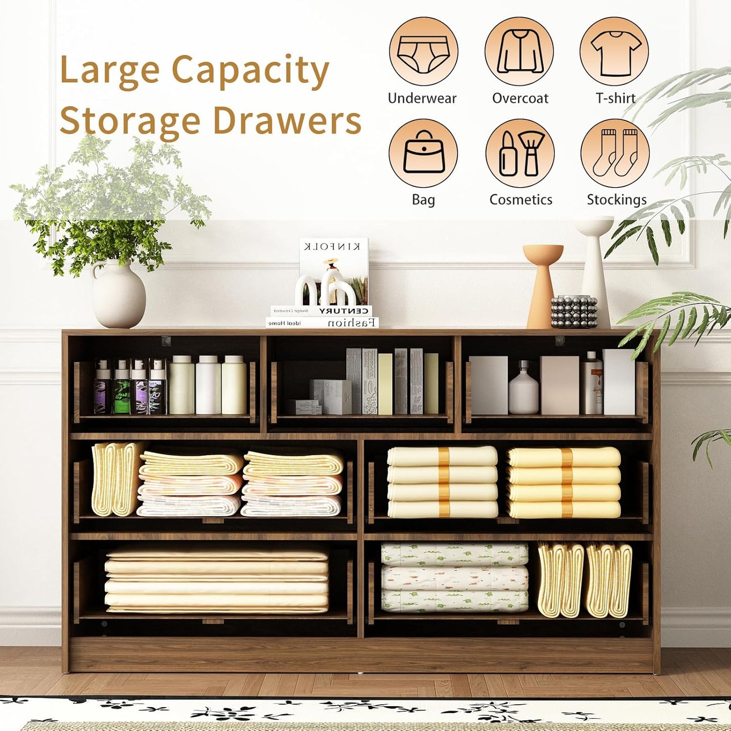 7 Drawer Dresser and Nightstand Sets for Bedroom, 3 Pcs Bedroom Set，Night Stand Set of 2 & 7 Drawer Dresser with Gold Handles, Wood Chest of Drawers Mid Century Storage Cabinet Set, Natural