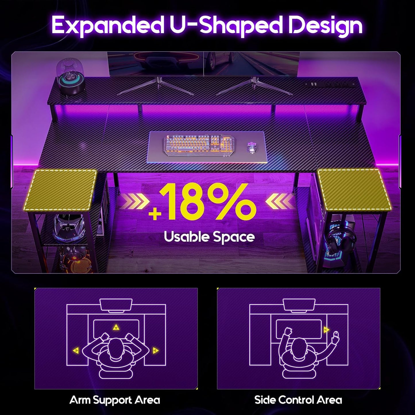 55 Inch Gaming Desk with LED Lights and Power Outlet, U-Shaped Computer Desk with Monitor Stand and Storage Shelves, PC Gamer Table for Home Office, Carbon Fiber Black