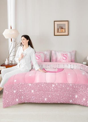 Personalized Pink Bowknot 7-Piece Twin Bedding Set for Kids, Princess Glitter Comforter with Monogrammed Initial and Sheets, Ideal Bedroom Decor for Teens