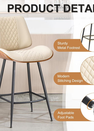 Set of 3 Modern Counter Height Barstools, 26.9" Armless Design with Metal Legs, Walnut Finish, PU Leather Bentwood Chairs for Home Counter, Kitchen Island, and Cafe (Beige)