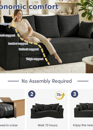 Elegant 3-Seater Convertible Futon Sofa Bed for Living Room, Featuring Comfy Pull-Out Design, 5 Pillows, Detachable Washable Cover, Upholstered in a Box, No Assembly Required, Black