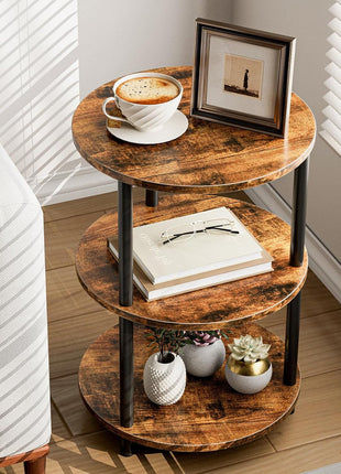 3-Tier Round Coffee Table - Industrial Vintage Accent Table for Living Room, Bedroom, or Compact Spaces in Rustic Brown Finish