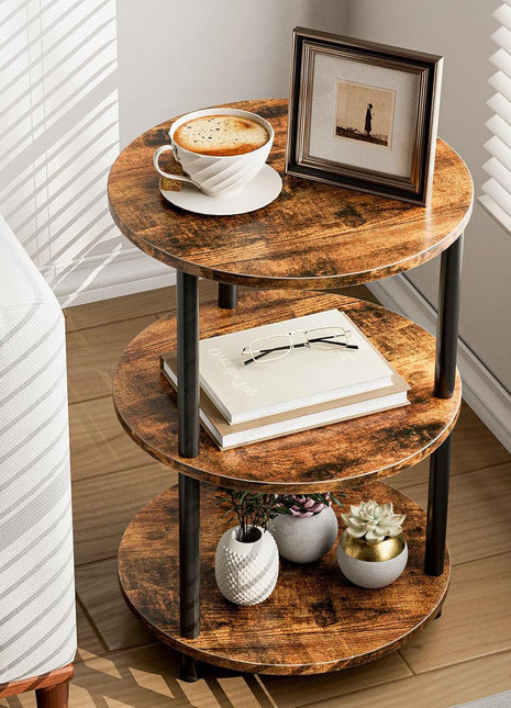 3-Tier Round Coffee Table - Industrial Vintage Accent Table for Living Room, Bedroom, or Compact Spaces in Rustic Brown Finish