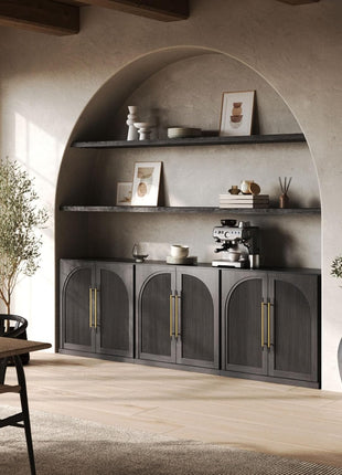 97'' Arched Buffet Cabinet Set of 3 Modular Sideboards with Double-Arc Wood Doors, Adjustable Shelves, Classic Modern Design for Dining Room, Living Room, and Entryway (Ebony)
