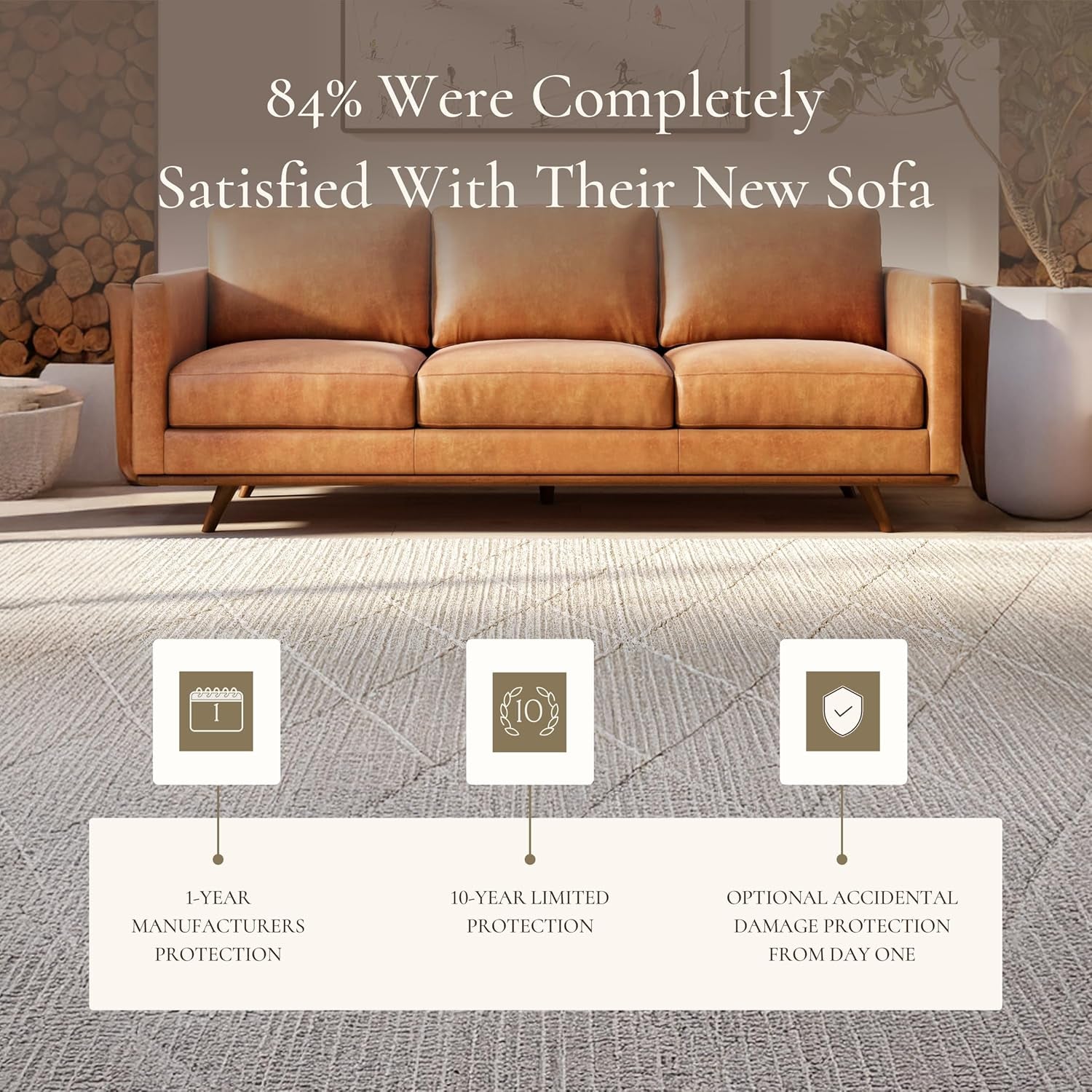 Nolita 85” Leather Sofa – Full-Grain Italian Aniline Leather, Feather-Down Comfort, Solid Wood Base – Cognac Tan