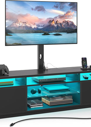 51.2-Inch TV Stand with Mount and Power Outlet, Swivel Mount for 32-70 Inch TVs, Height Adjustable Modern Entertainment Center with Storage and LED Lighting in Black Finish