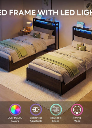 Twin XL Bed Frame with DIY Storage Drawer Configuration, Headboard Featuring 2-Tier Shelves, Charging Station, and LED Lighting, Ideal for Teen Rooms, Small Apartments, and Bedrooms, Black
