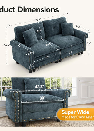 73.2" Oversized Modular Cloud Loveseat with Deep Seats, Mid-Century Modern Design, Nailhead Trim, and Included Throw Pillows in Chenille Cyan for Living Room