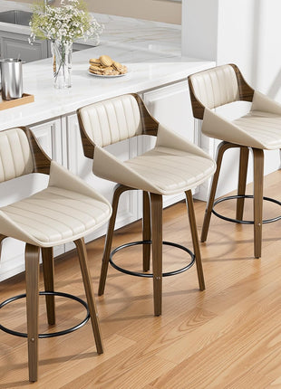 Set of 2 Mid Century Modern Swivel Counter Height Bar Stools, 26" Upholstered Faux Leather with Bentwood Back and Legs, Cream White for Kitchen Island and Dining Room