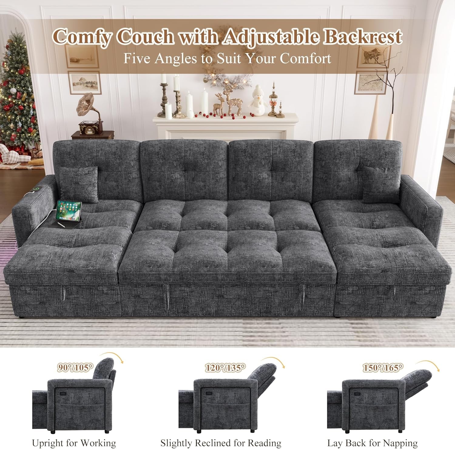 107'' LED Sectional Sleeper Sofa with Pull Out Couch Bed, Convertible U Shaped Couch with Storage Chaise, Adjustable Backrest & USB, Modern Chenille Home Sofa Living Room Furniture Set, Grey