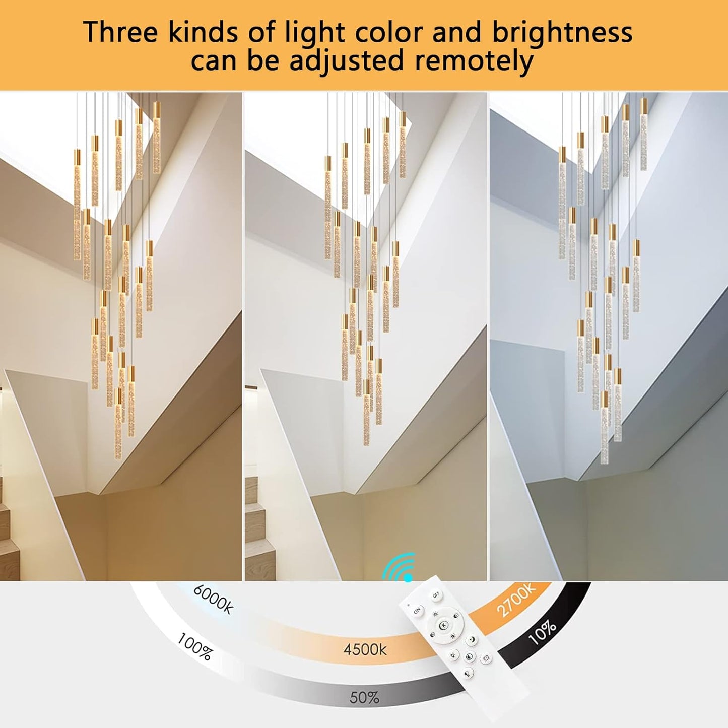 16 Foot Chandeliers for Living Room Entryway High Ceiling Light Fixtures Sloped Flush Mount Ceiling Pendant Lighting Dimmable Chandelier with Remote LED Crystal Pendants Lighting Gold Light