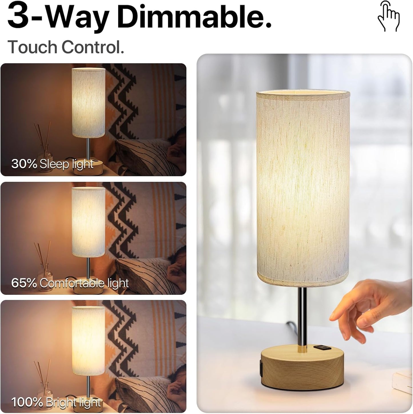 Small Bedside Lamp Touch Control Table Lamp with USB A+C Charging Ports & AC Outlet 3-Way Dimmable Nightstand Lamp with Linen Fabric Shade for Bedroom Living Room