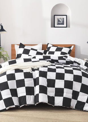 Twin Checkered Comforter Set (66x90 Inches) - Black and White Plaid Gingham Bedding for Teens and Kids, Lightweight Polyester Geometric Design, 2 Pieces
