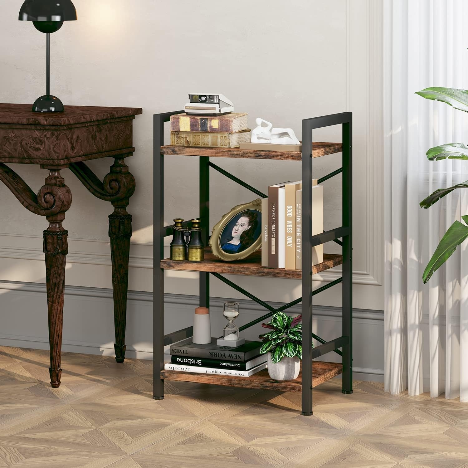 Bookshelf, 3 Tier Industrial Bookcase, Metal Small Bookcase, Rustic Etagere Book Shelf Storage Organizer for Living Room, Bedroom, and Home Office(Rustic Brown) Patent Pending D29873033