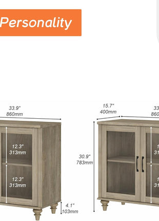 Farmhouse End Table Set of Two - Spacious Mid-Century Modern Wooden Bedside Tables with Glass Doors, Perfect for Living Room and Bedroom, Wash Grey Finish