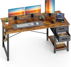 48 Inch Computer Desk with Drawers for Home Office, Writing Desk with X-Shaped Reinforcement, Wood Table with Adjustable Position Drawers, Modern Study Work Table with Side Hook, Rust
