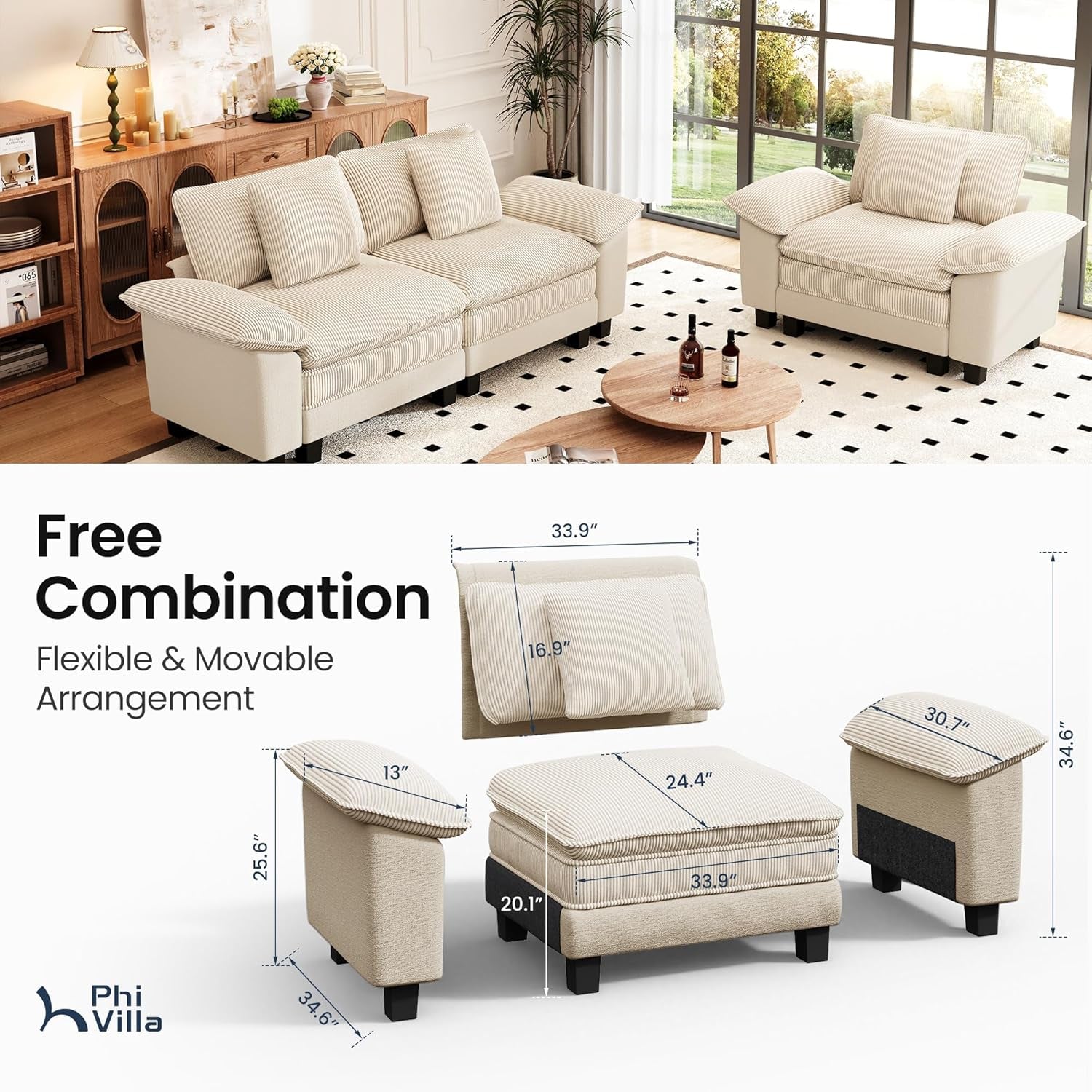 Cloud Modular Couches Sets, 2 Pieces Sectional Sofa Set with Loveseat, 3-Seater Comfy Couch for Living Room Small Spaces, Chenille Corduroy Dual Fabric, Beige