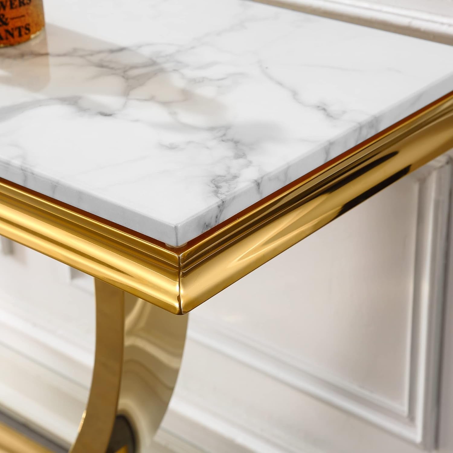 47 Inch White Marble Console Table with Mirrored Stainless Steel Metal Legs, Faux Marble Tall Luxury Gold Entryway Table, Modern Sofa Table Narrow Console Tables for Hallway Living Room