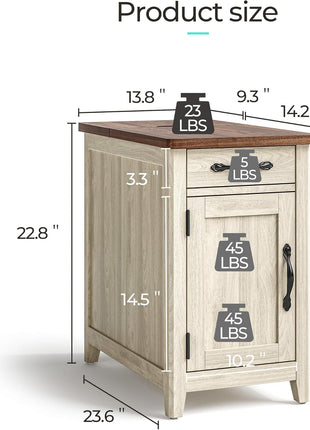 Farmhouse End Table with Built-in Charging Station, Compact Side Table for Living Room, Sofa Companion with Drawer and Storage Cabinet, Versatile Nightstand for Home Office