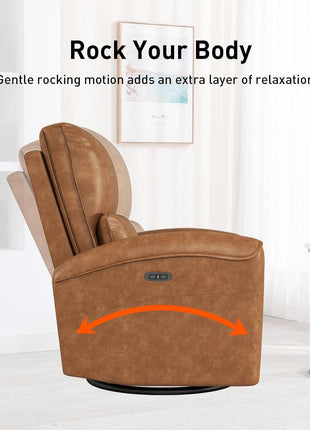 Power Swivel Rocker Recliner Chair with USB Charging Port, 23.2-Inch Wide Seat, Fixed Lumbar Support, Upholstered Glider for Nursery and Living Room, Brown