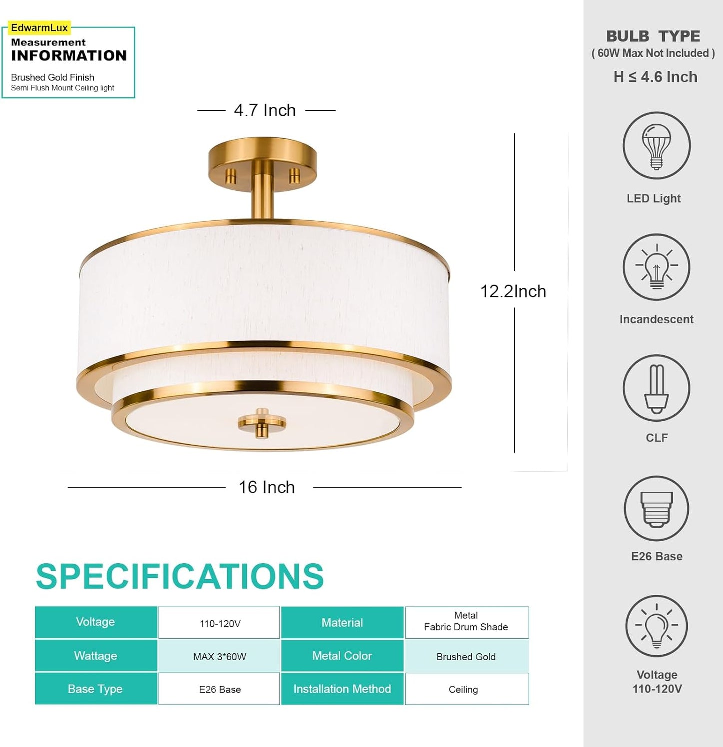3-Light Semi Flush Mount Ceiling Light, 16" Drum Light with White Fabric Shade, Modern Close to Ceiling Lamp for Living Room Bedroom Dining Kitchen Hallway Entry (Brushed Gold)