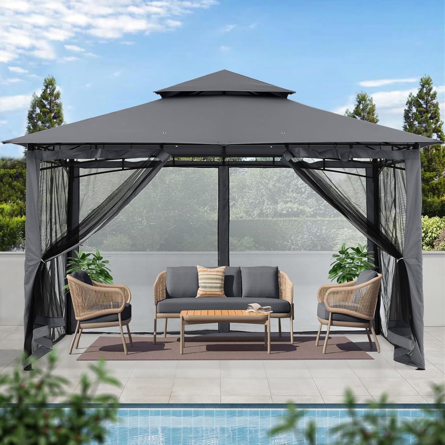 Outdoor Garden Gazebo for Patios with Stable Steel Frame and Netting Walls (10X12,Dark Gray)