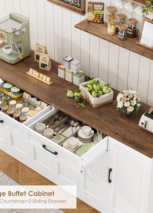 71” Large Buffet Cabinet with Adjustable Shelves and Soft-Close Doors, Versatile Wood Console Table for Kitchen and Dining Room, White Finish