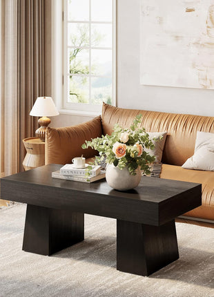 Farmhouse Rectangular Coffee Table - 47-Inch Wooden Accent Table with Sturdy Base for Modern Living Room (Black)