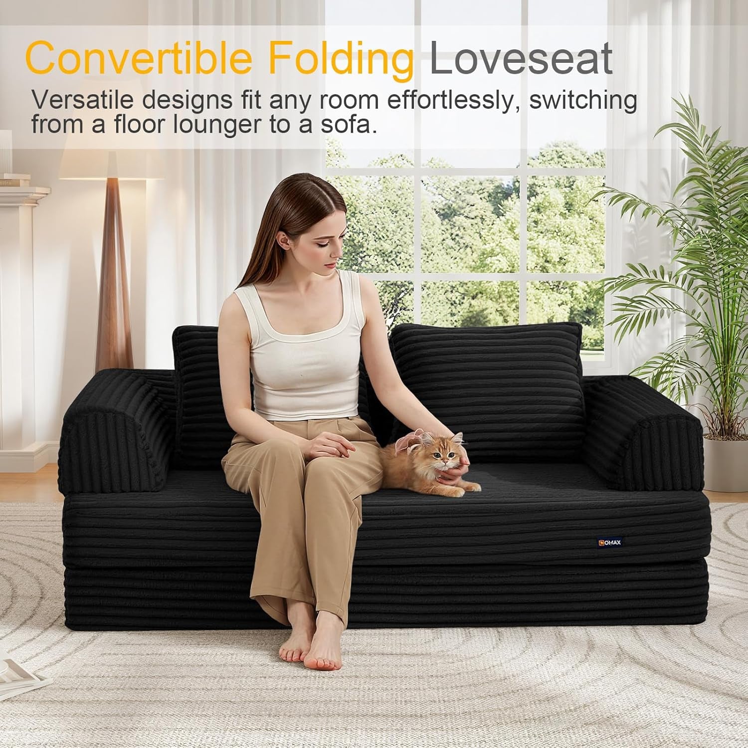 Convertible Sofa Bed, Folding Floor Couch Corduroy Fold Out Couch Bed Futon Sleeper Mattress with Pillows, Boneless Sofa Comfy Lounge Loveseat for Living Room Bedroom, Plush Black