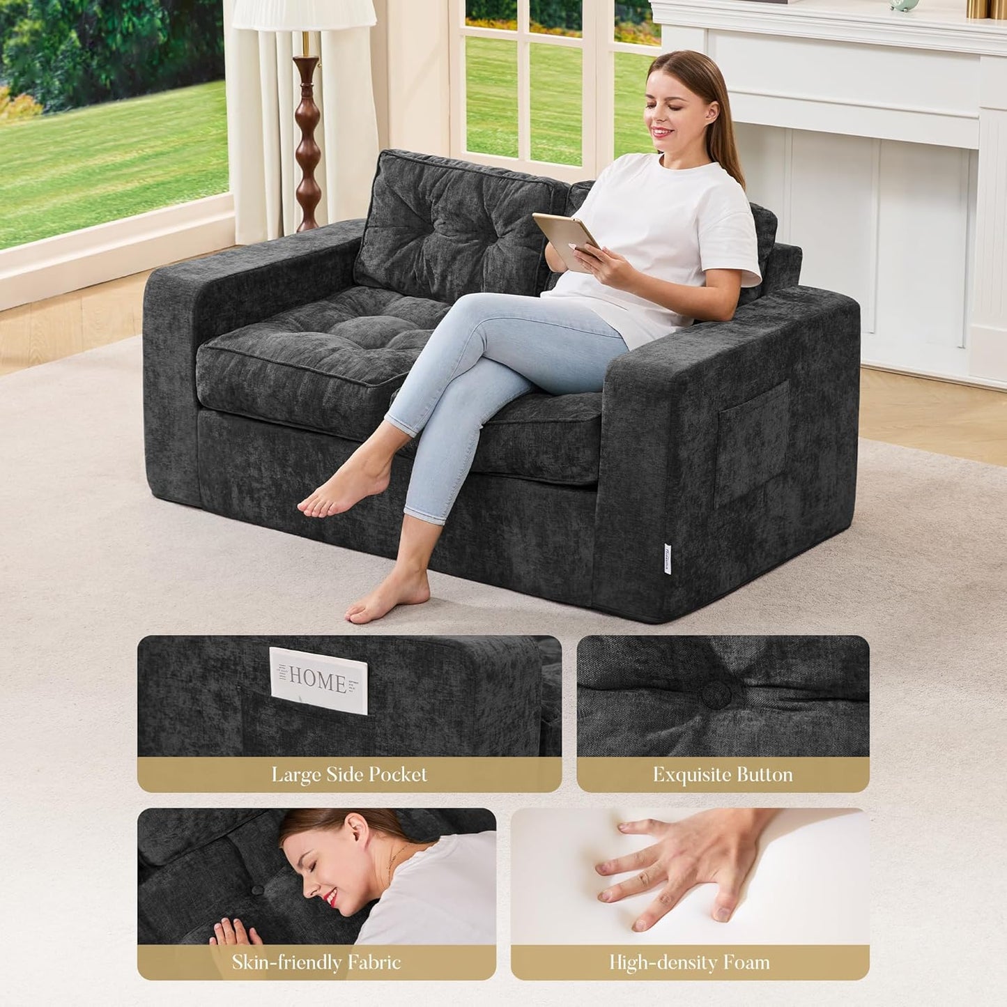 Sofa Couch Loveseat Sofa with Chenille Fabric 2-Seater Sofa for Small Spaces Comfortable Foam Floor Sofa 2 in 1 Boneless Couch for Living Room Bedroom Apartment or Office (Grey, Loveseat)