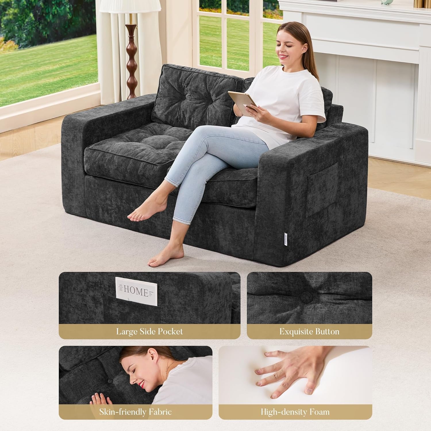 Sofa Couch Loveseat Sofa with Chenille Fabric 2-Seater Sofa for Small Spaces Comfortable Foam Floor Sofa 2 in 1 Boneless Couch for Living Room Bedroom Apartment or Office (Grey, Loveseat)