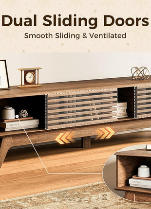 59-Inch Mid-Century Modern TV Stand for 55"-65" TVs with Sliding Doors and Storage Cabinets in Walnut Finish