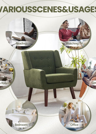 Set of 2 Mid-Century Modern Upholstered Button-Tufted Accent Chairs with Wooden Legs, Green Fabric Armchairs for Living Room and Bedroom