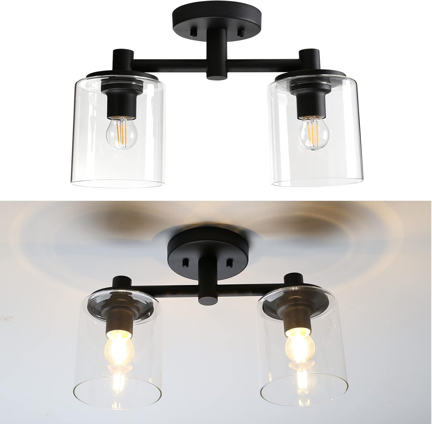 2-Light Semi Flush Mount Ceiling Light, Industrial Pendant Lighting Fixture with Glass Shade, Ceiling Chandelier Lamp for Hallway Loft Kitchen Bar