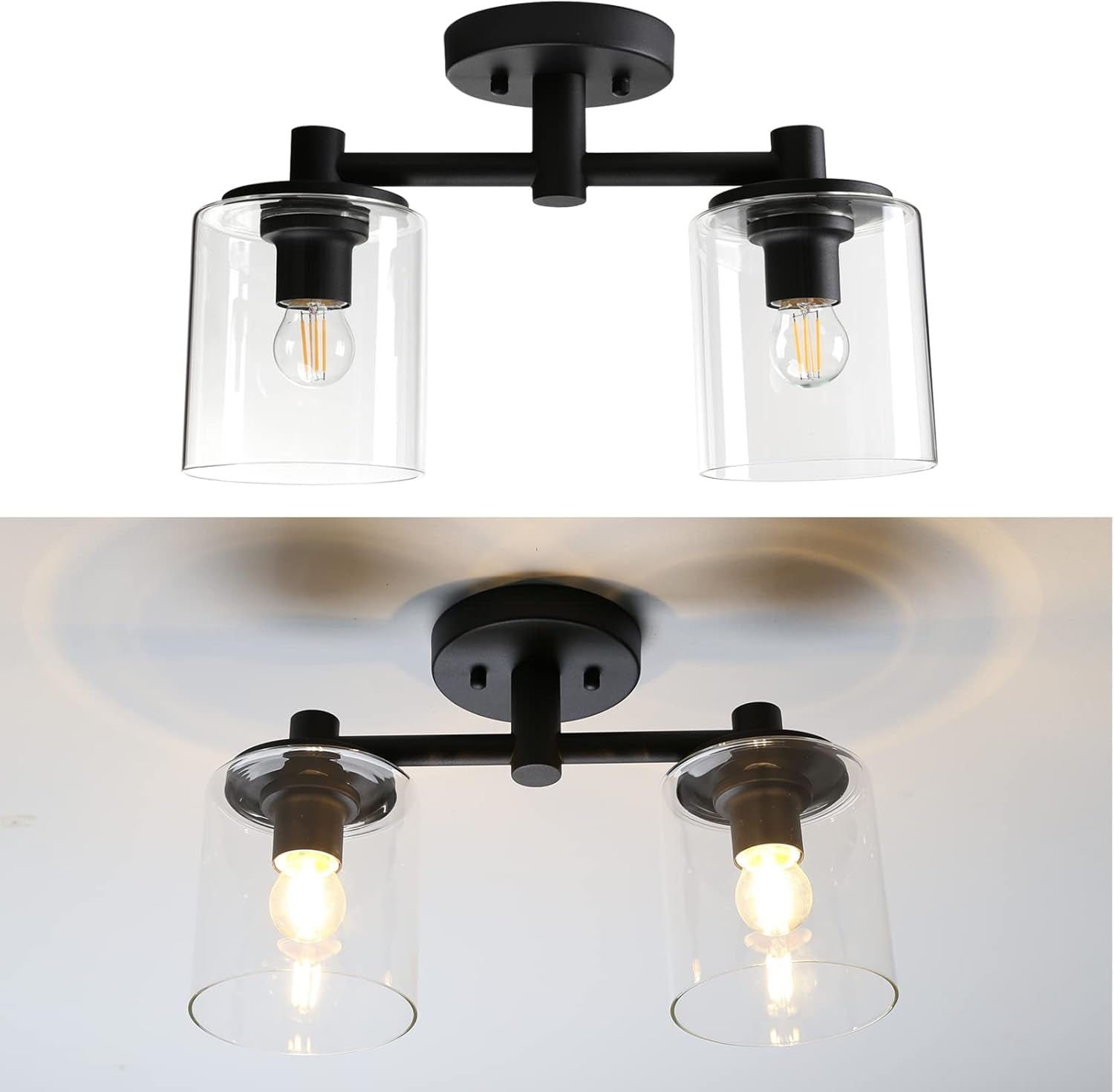 2-Light Semi Flush Mount Ceiling Light, Industrial Pendant Lighting Fixture with Glass Shade, Ceiling Chandelier Lamp for Hallway Loft Kitchen Bar