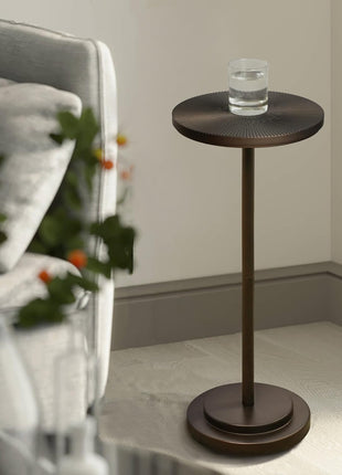Carved Top Martini Table - Compact Pedestal Side Table with Weighted Base for Living Room, Bedroom, and Bathroom - Brown Finish