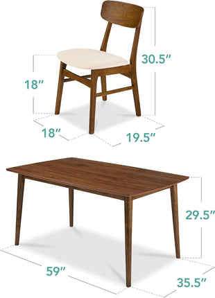 7-Piece Mid-Century Modern Wooden Dining Set with Upholstered Chairs and Rounded Table Corners in Walnut and Cream