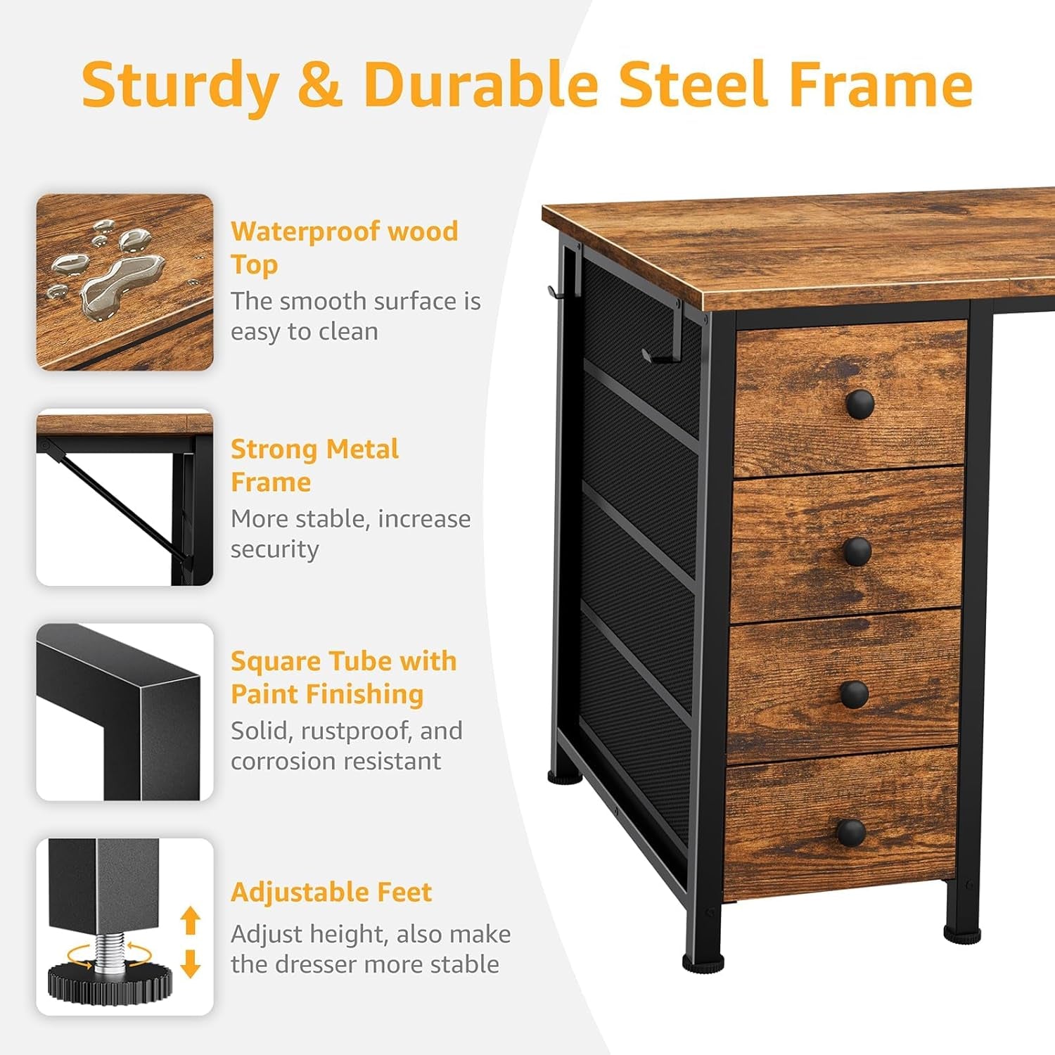 Office Desk with Fabric Drawers on Both Sides, 47 Inch Home Office Desk with 8 Fabric Drawers, Writing Study Work Computer PC Desks with Storage for Bedroom, Rustic Brown